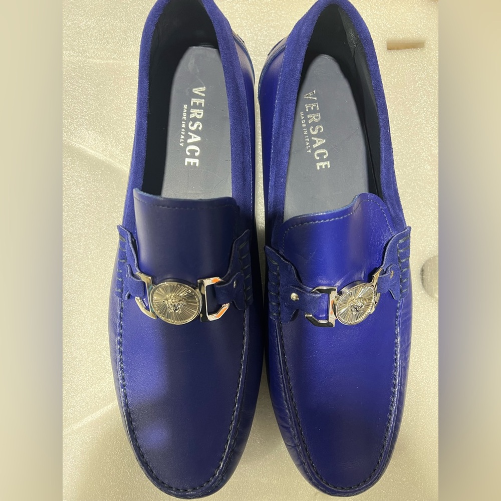 Versace Men's Blue Loafers with Silver Detail